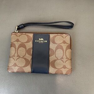 Coach Brown Signature Canvas Wristlet with Black Leather Stripe